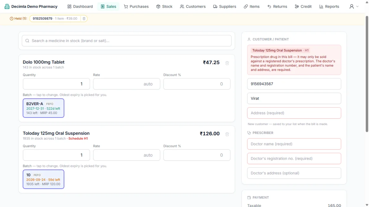Billing / POS screen — FEFO batch pick, Schedule H1 prescription capture and live bill total