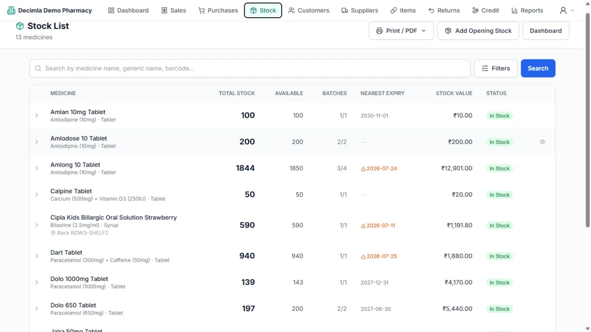 Stock list — total & available quantity, batches, nearest expiry, stock value and status